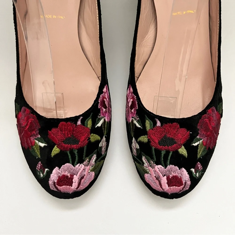 Kate Spade Black Velvet Floral Embroidered Block Heel Ankle-Strap Pumps 9 - Picture 2 of 8